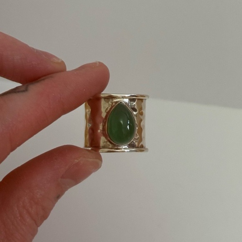 Gold Tone Wide Band Ring with Green Teardrop Stone